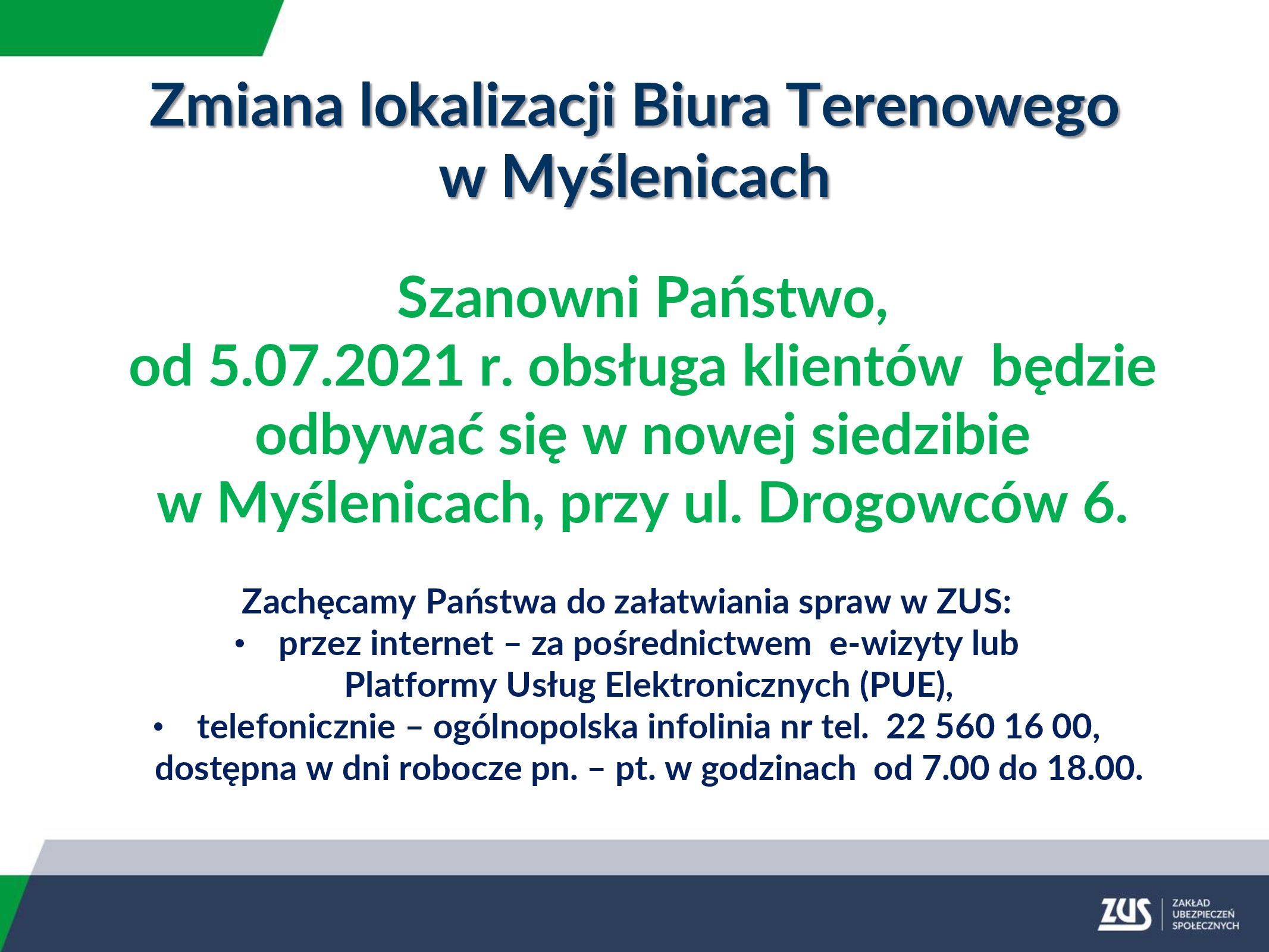 Komunikat informujący o zmianie lokalizacji Biura Terenowego ZUS w Myślenicach