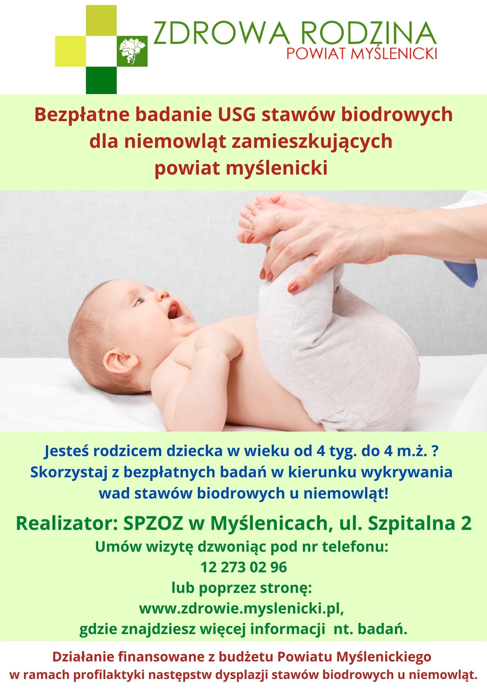 Plakat informujący o bezpłatnym badaniu USG stawów biodrowych dla niemowląd zamieszkujących powiat myślenicki