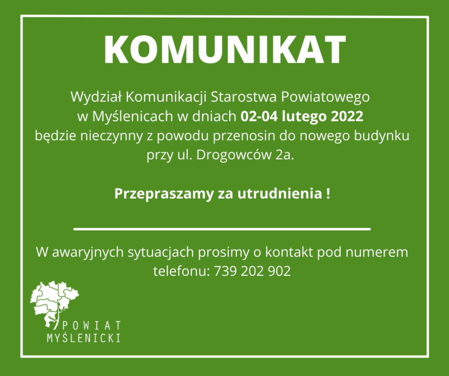 Ważny komunikat dotyczący funkcjonowania Wydziału Komunikacji Starostwa Powiatowego w Myślenicach