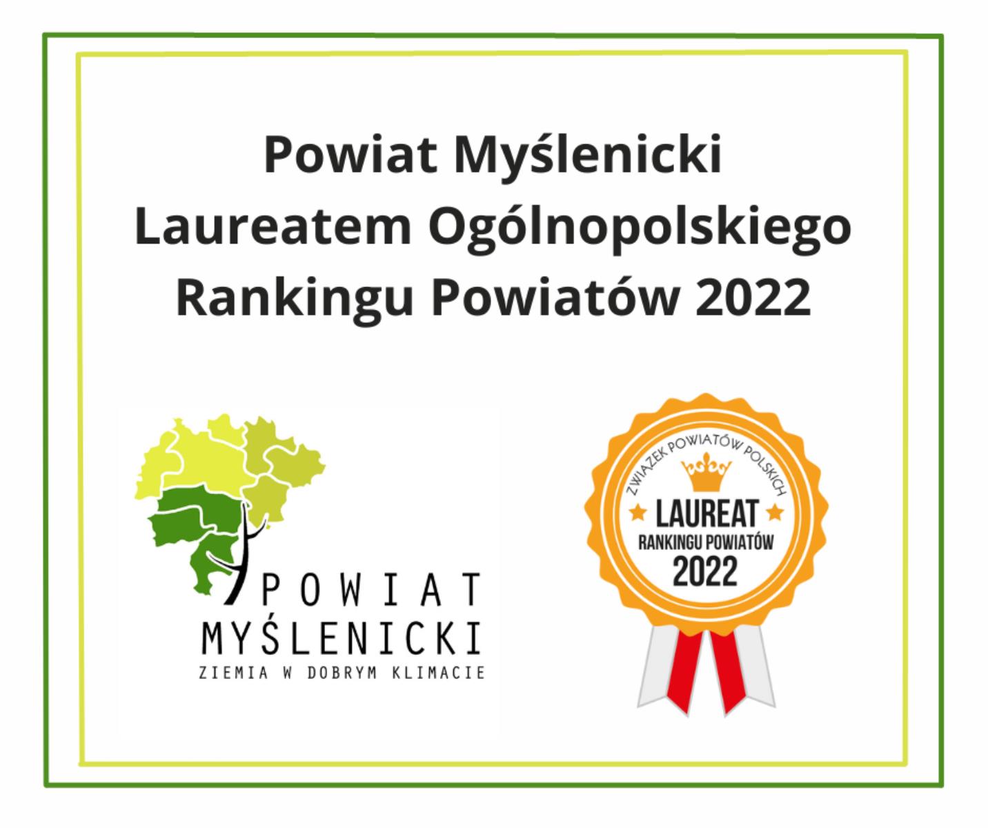 Powiat Myślenicki nagrodzony Tytułem Laureata Rankingu Powiatów 2022