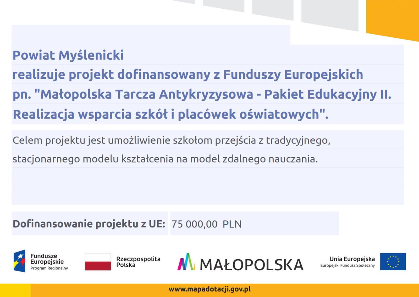 Małopolska Tarcza Antykryzysowa - Pakiet Edukacyjny II Realizacja Wsparcia Szkół i Placówek Oświatowych